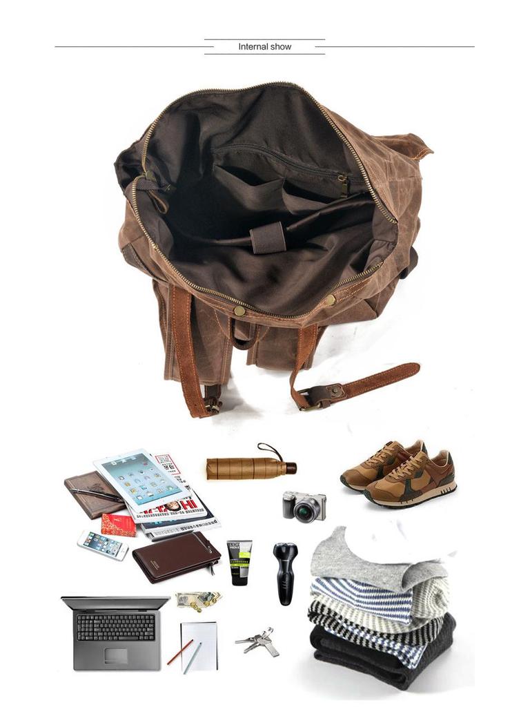 Мужской рюкзак из ретро вощеного холста с кожаной отделкой, многокарманный дизайн, большая вместимость для путешествий на открытом воздухе