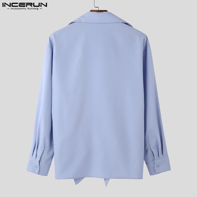 INCERUN Mens Deep V Neck Lace Hem Long Sleeve Irregular Bow Knot Loose Shirts Tops