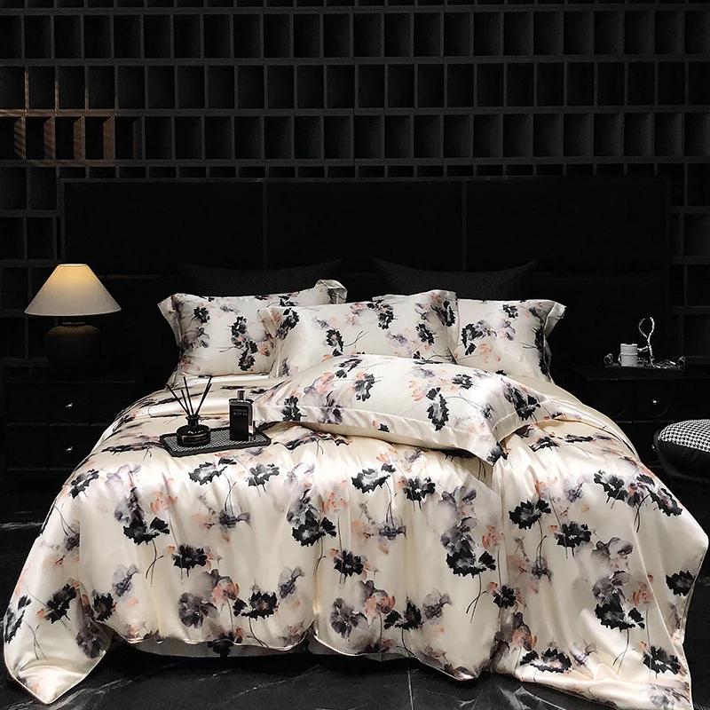 Роскошный высококачественный шелковый постельный комплект Шелковистый сатиновый комплект пододеяльника С принтом Размер Квин Кинг Мягкий Подарок для вашего возлюбленного, друзей