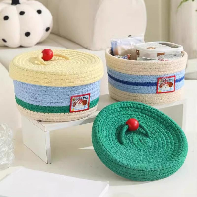 1 шт. с крышкой многофункциональная плетеная корзина для косметики и закусок, корзина для хранения вещей, плетеная эстетическая коробка для хранения 21x12 см