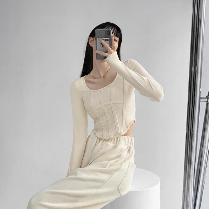 2KWEIRD Y2k Футболка Девочки Кроп-топы Весна Женские С длинным рукавом Круглый вырез Хлопковые рубашки Бюстье Харадзюку Пуловер Уличная одежда Всепогодная футболка