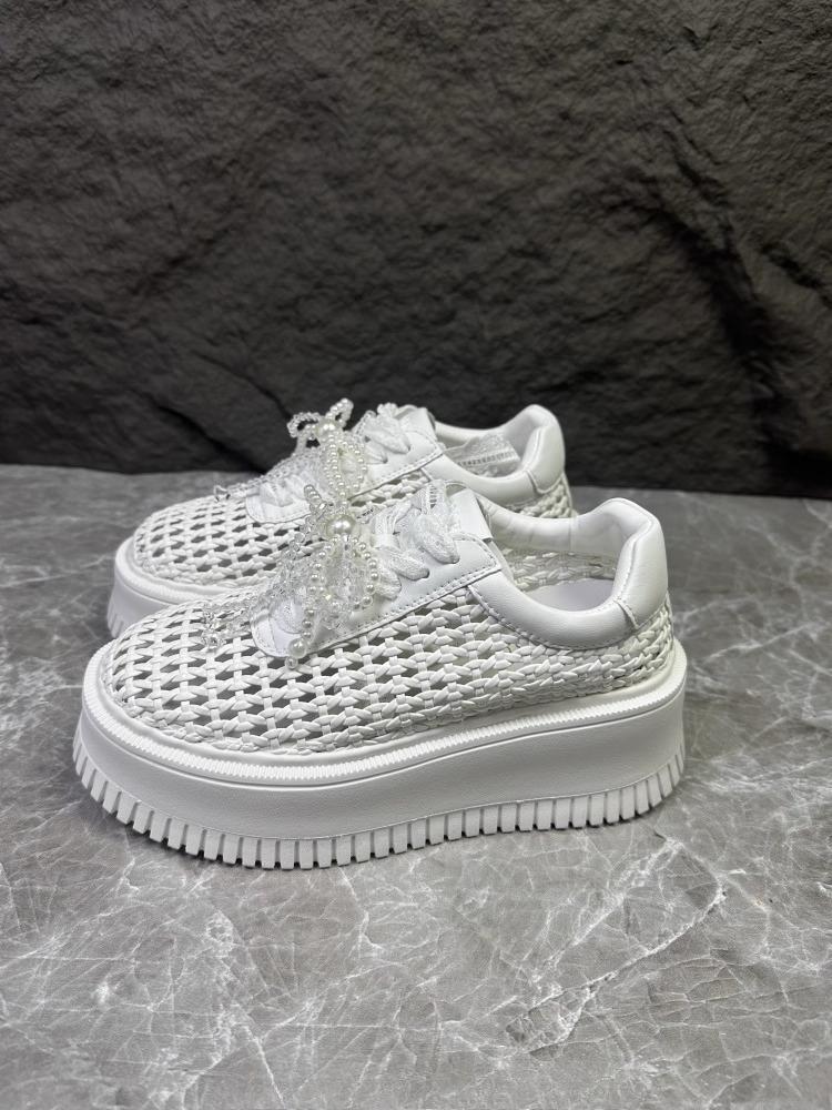 Модная женская обувь 2025 Лето Новые увеличивающие рост сетчатые дышащие туфли на платформе Легкие на шнуровке с бантом Повседневная обувь