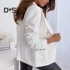 Женский пиджак с лацканами, длинный рукав, двубортный пиджак с карманами-клапанами, однотонный, свободный крой, офисная женская верхняя одежда