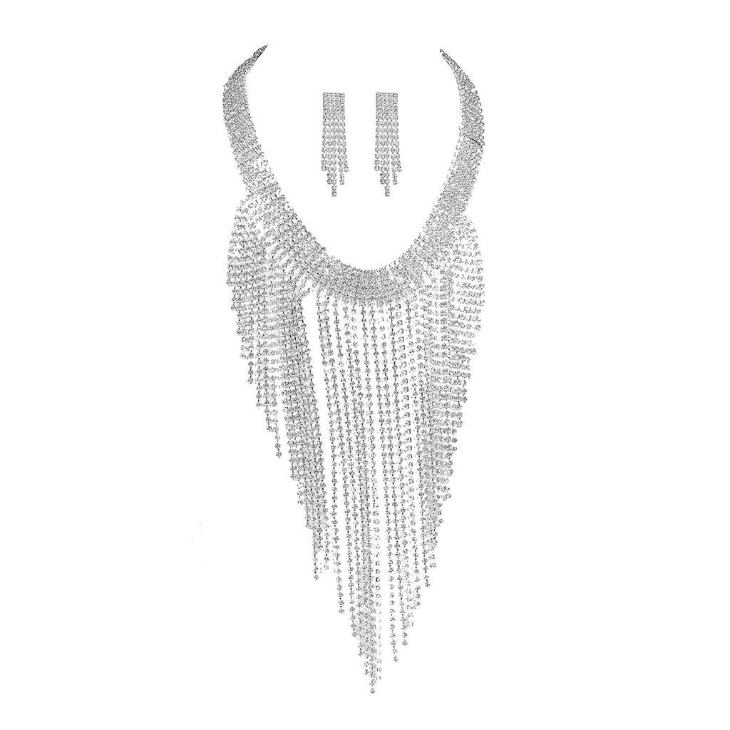 Rhinestone Long Fringed Necklace Earring Set Stylish Diamond-set Necklace Earrings Two-piece Set