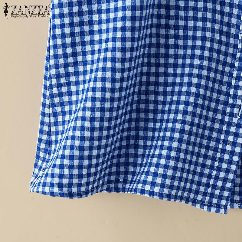 ZANZEA Женские летние рубашки без рукавов с круглым вырезом в контрастную клетку