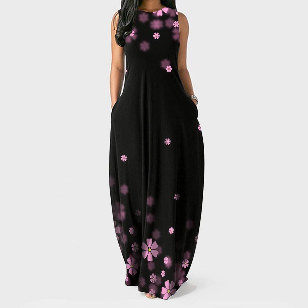 Women Summer Flower Print Sleeveless Plus Size Pullover Long Dresses