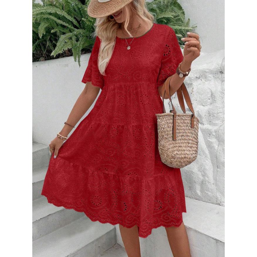 Summer Women Dress Hollow Out Pleated A-line O Neck Short Horn Sleeves Midi Dress Patchwork Solid Color Big Swing Lady Dress