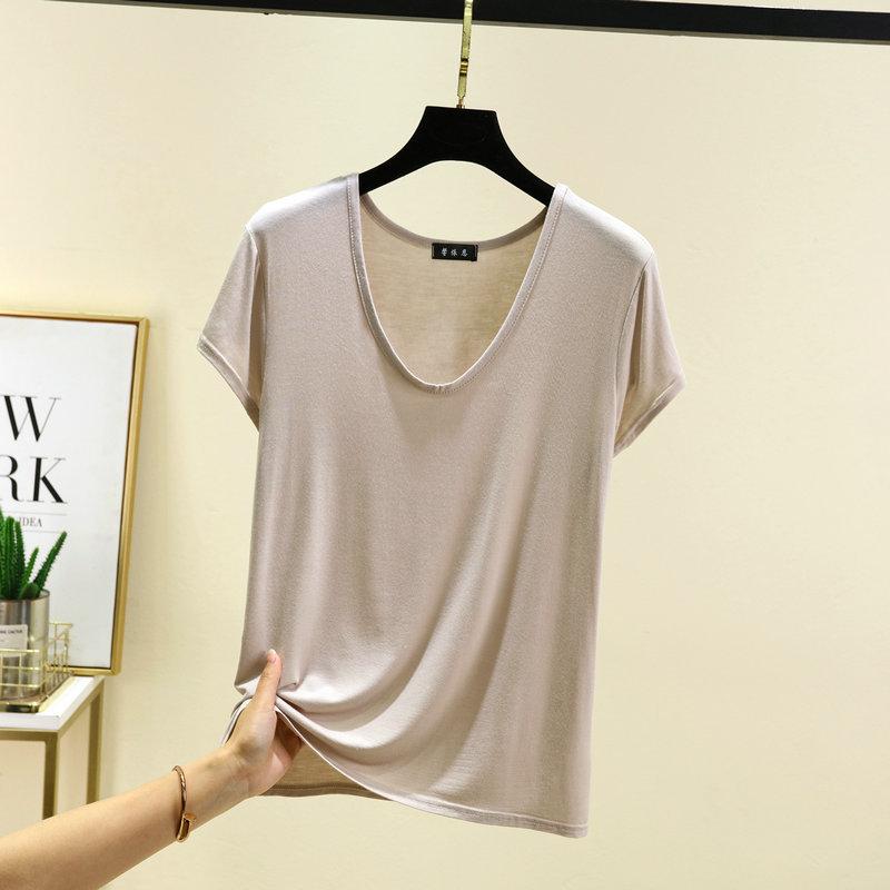 Летняя однотонная базовая футболка с U-образным вырезом для женщин с коротким рукавом свободного кроя из модала