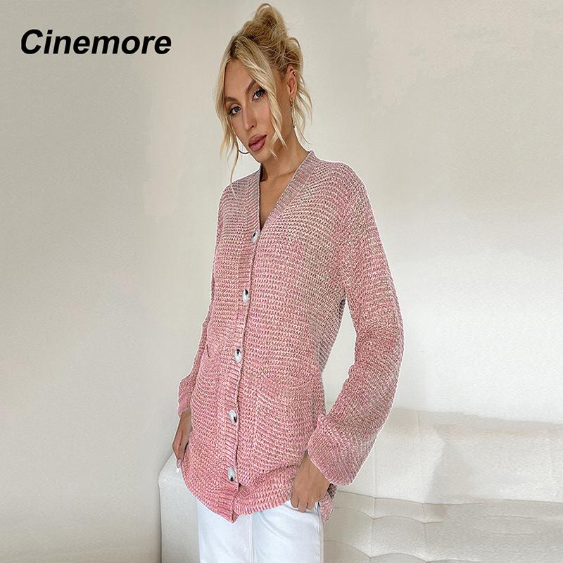 Cinemore Весенне-осенний женский свитер однотонный свободный повседневный открытый карман теплый базовый топ с длинными рукавами и круглым вырезом трикотажная карточка