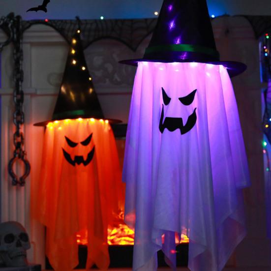 Halloween Light-up Ghost Decoration Spooky LED Witch Hat Ghost Lamp Indoor Outdoor Garden Porch Yard