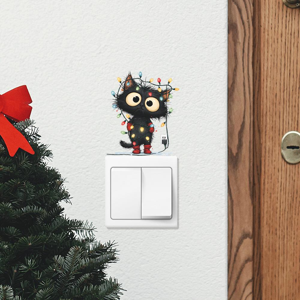 Наклейка на выключатель «Черная кошка со световой гирляндой» Креативный праздничный декор для дома Съемная самоклеящаяся наклейка