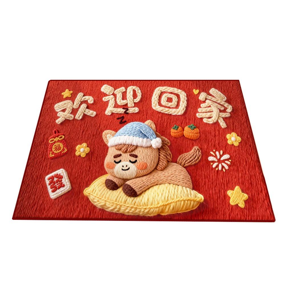 Cute Horse Pattern New Year Door Mat Non-slip Door Carpet Water Absorption Red Bath Mat Home Decorations