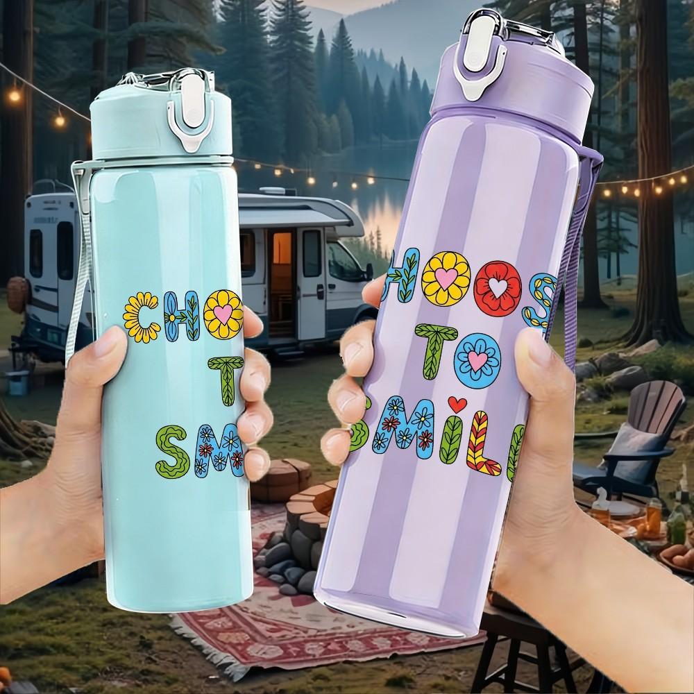 1PC Choose To Smile Simple Positive Slogan Art 750ml Color Plastic Sports Water Bottle Leakproof Flip Straw Lid Suitable for Sports Office Home Use