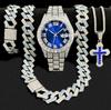 Men's Steel Strap Quartz Hip Hop Business Calendar Full Diamond Cuban Chain Colored Cross Luminous