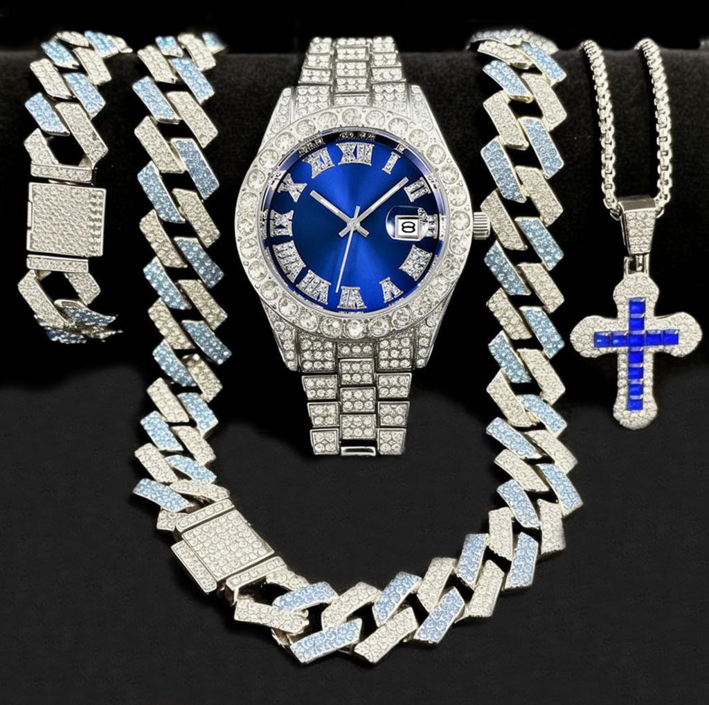 Men's Steel Strap Quartz Hip Hop Business Calendar Full Diamond Cuban Chain Colored Cross Luminous