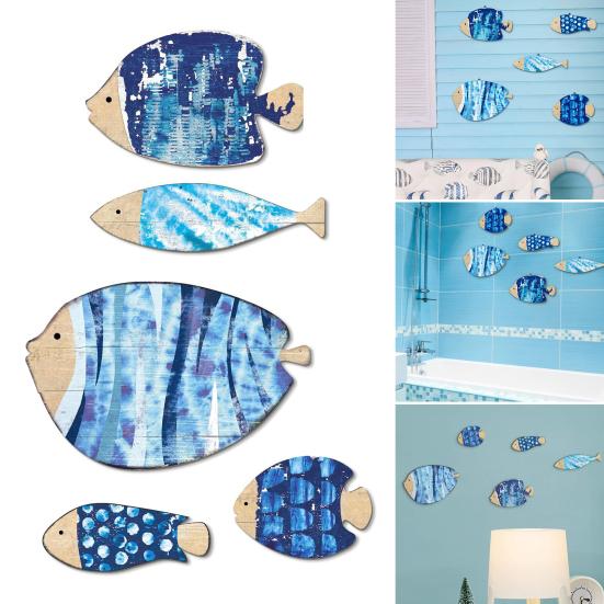 5Pcs/Set Wooden Fish Wall Decoration Farmhouse Rustic Nautical Blue Fish Wall Art Sculpture Home Living Room Bathroom Wall Decorative Sign