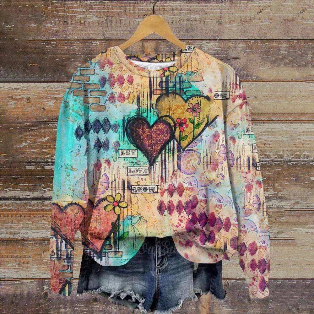 Женская толстовка с круглым вырезом, зимний топ с принтом в стиле Харадзюку, с принтом любящего сердца, свободный женский праздничный повседневный пуловер с длинным рукавом, толстовка с капюшоном