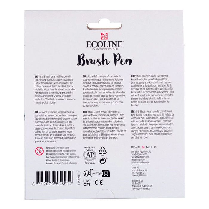 Feutres - Ecoline - 10 couleurs pastel - Pointe de pinceau souple - Mixte - Avancé