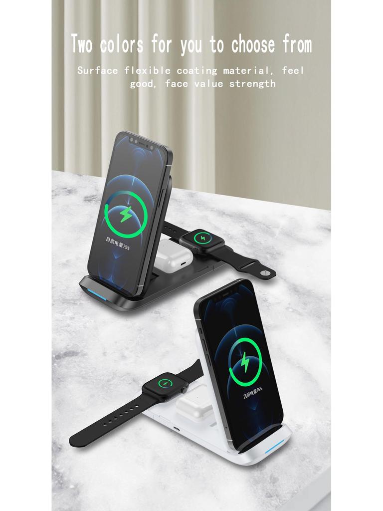 15W Foldable 3-in-1 Wireless Charger for Apple Phones, Watches, and Earbuds