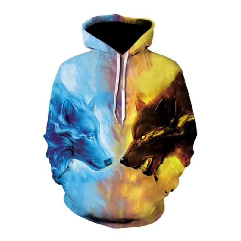 Mens/Womens Warm Hooded Sweatshirt With 3D Wolf Print Bamboo Fiber Fleece Lined Winter Fishing Outdoor Use