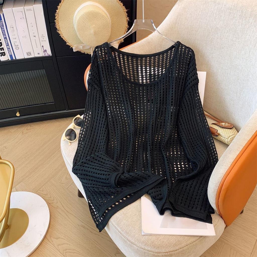 Ажурная трикотажная женская летняя рубашка с солнцезащитным кремом свободного покроя с круглым вырезом и длинными рукавами, универсальный топ