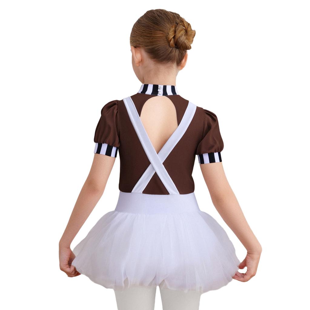 Kids Girls Chocolate Factory Worker Halloween Costume Mock Neck Short Stripe-Cuffed Sleeves Back Cut Puffy Built-In Crotch Press Buttons Dress Braces
