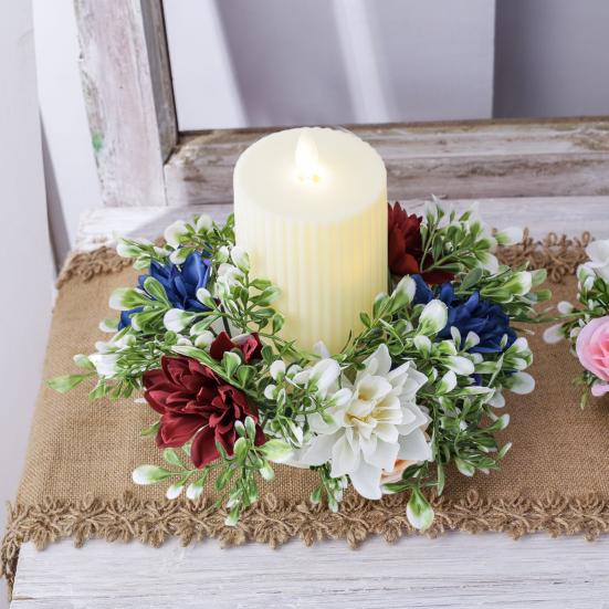 2Pcs Patriotic Artificial Wreath Candle Independence Holder Day Pillar Candle Ring Red White Blue