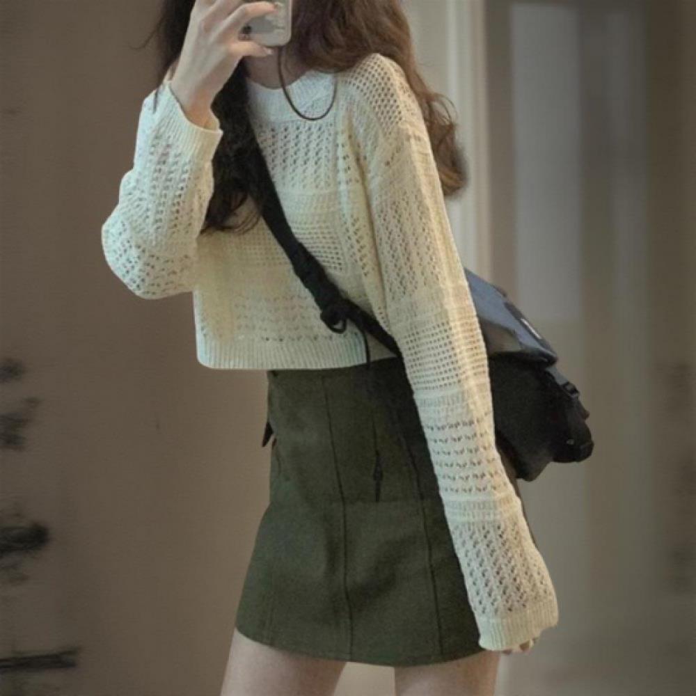 New Arrivals Open Run Women Simple Mesh See Through Long Sleeve Crop Knit Sweate