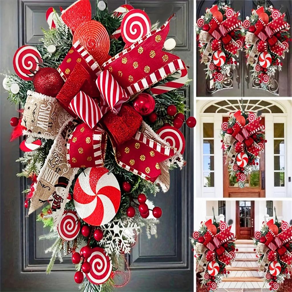 Christmas Door Wreath - Red And Candy Cane Teardrop Ornaments With Balls For Home Outdoor Decoration 3D Christmas Flower