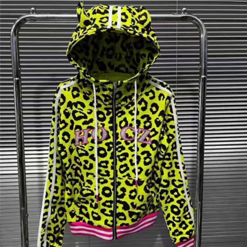 Yellow Leopard Print Devil Horn Hoodie Zip Jacket Unisex Y2K Streetwear