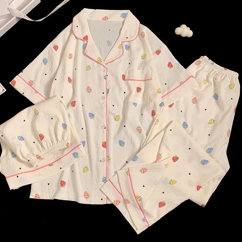 Summer Three-Piece Pajamas Homewear Clouds Cotton Pajamas Girls Short-Sleeved Small Strawberry Casual Pajamas Homewear