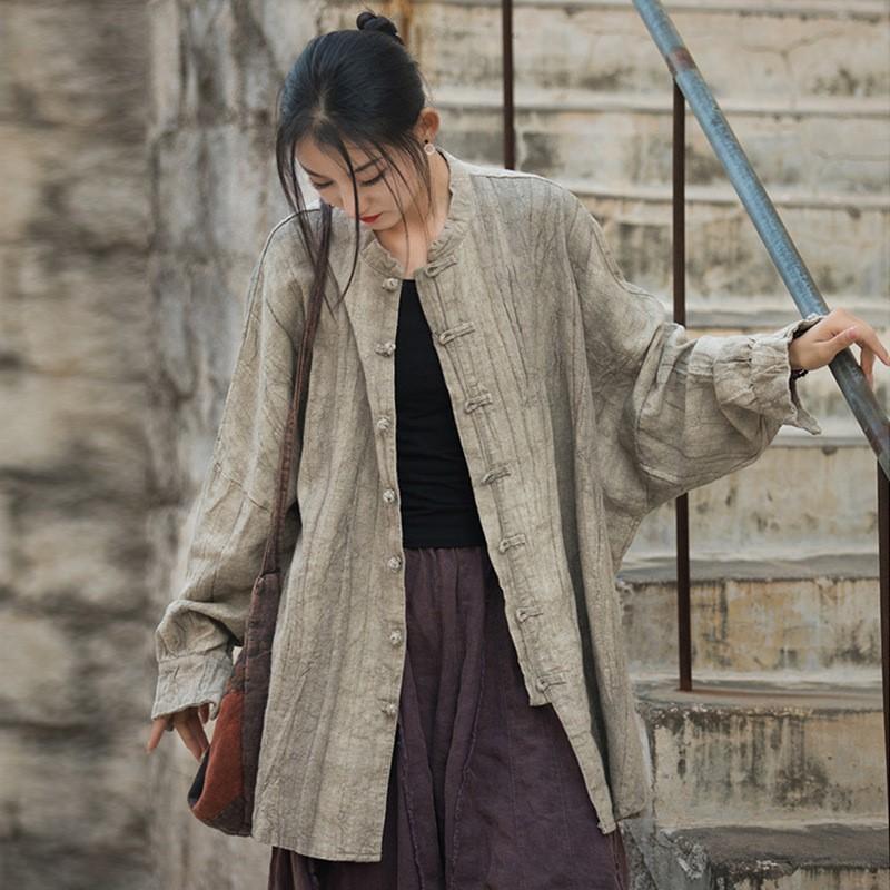 Женские винтажные рубашки-рубашки из рами, куртки-стойки с длинным рукавом, высококачественные пальто, осенние свободные женские куртки на пуговицах