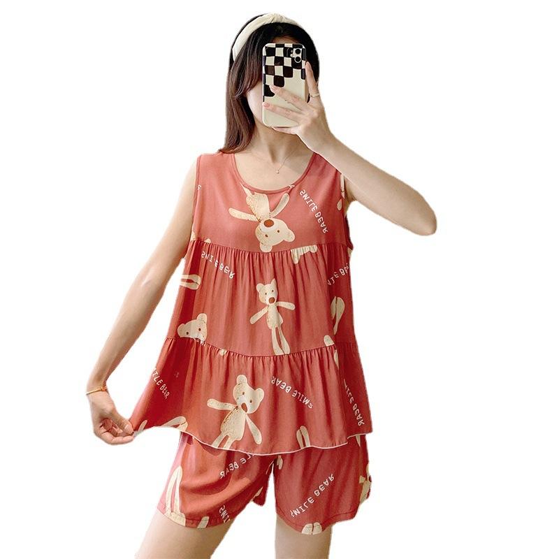 Women's vest shorts pajamas, new artificial cotton silk round neck printed home thin pajamas two-piece clearance model
