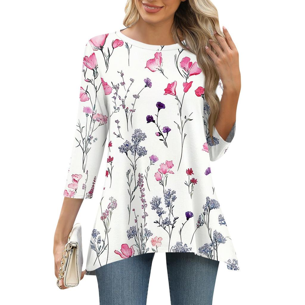 3/4 рукав туника топы для женщин принтованный повседневный выходной свободный крой модная базовая футболка с круглым вырезом