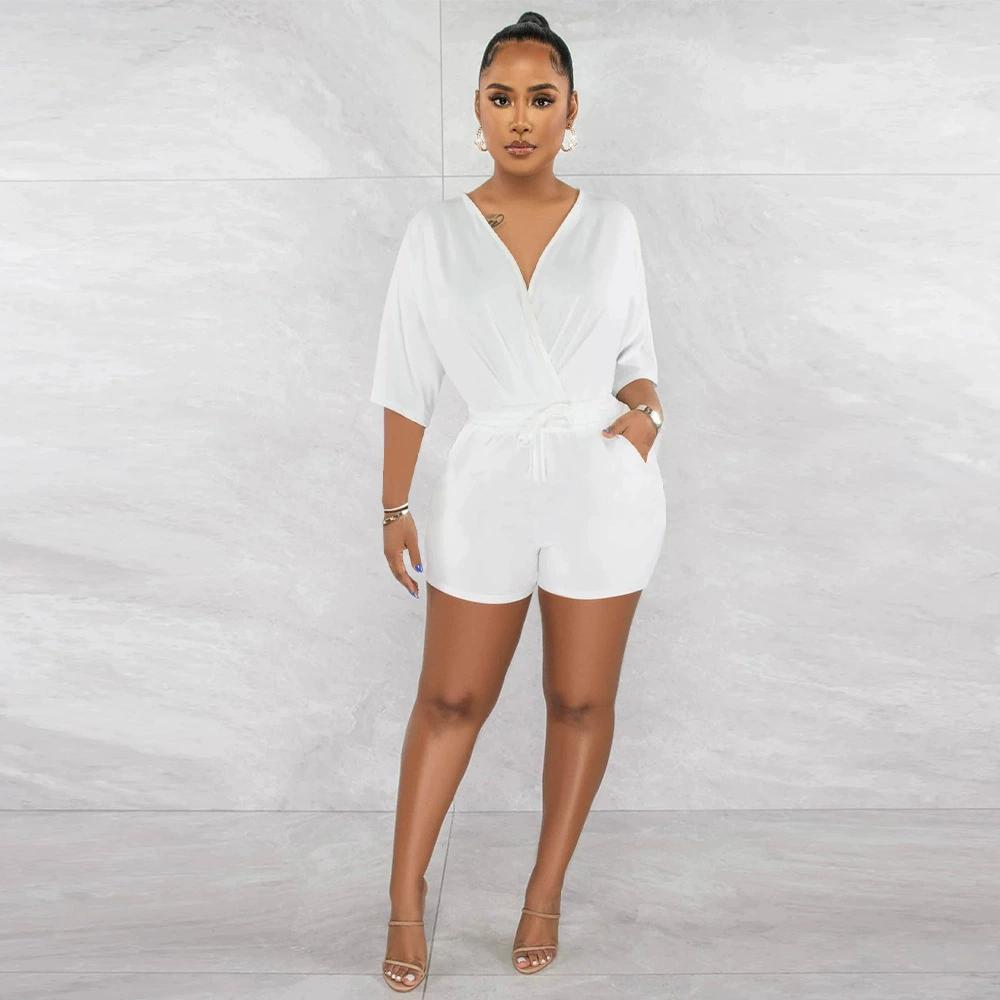 Solid Color V-neck Waist Cinched Jumpsuit, Fashionable Casual Shorts