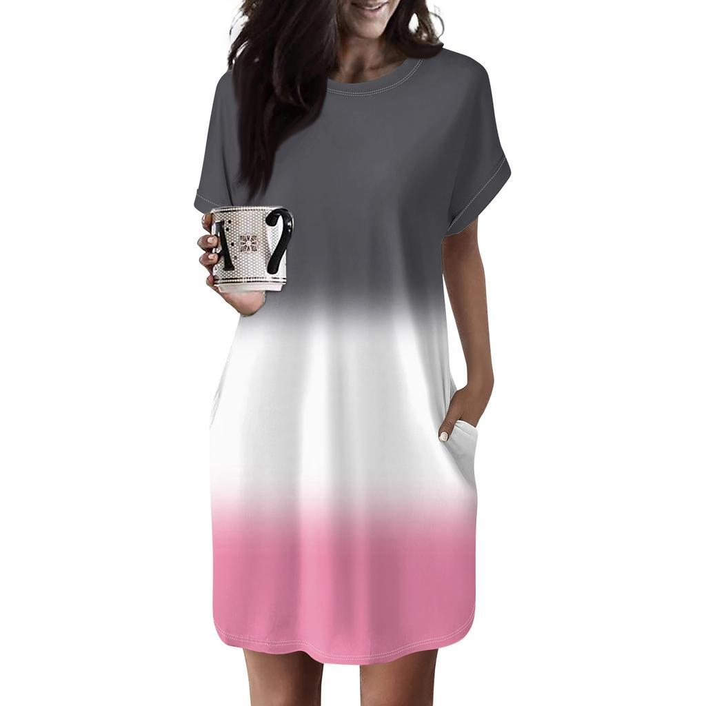 Женское платье с круглым вырезом и коротким рукавом, повседневные летние платья-туники, свободное платье с карманом