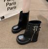 Winter Women Biker Boots Fashion Belt Buckle Ladies Elegant Platform Long Pipe Booties Casual Women's Knee High Booties