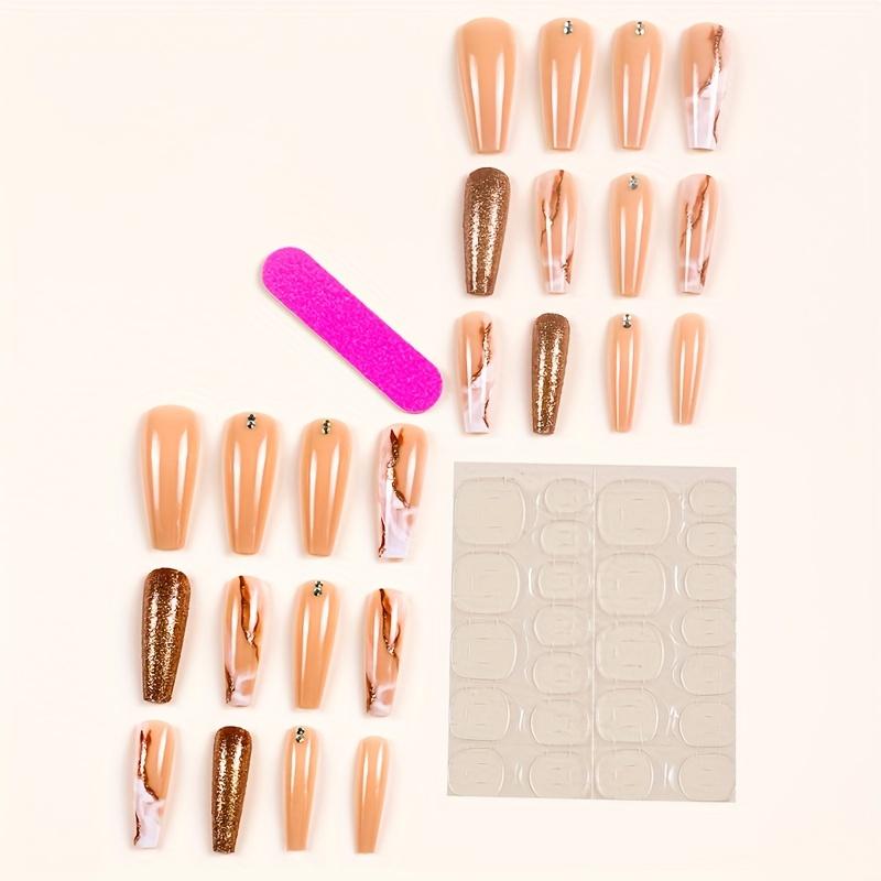 24 шт. глянцевых длинных накладных ногтей «Балерина», телесный цвет, мраморный принт на ногтях со стразами, золотистые блестки на ногтях