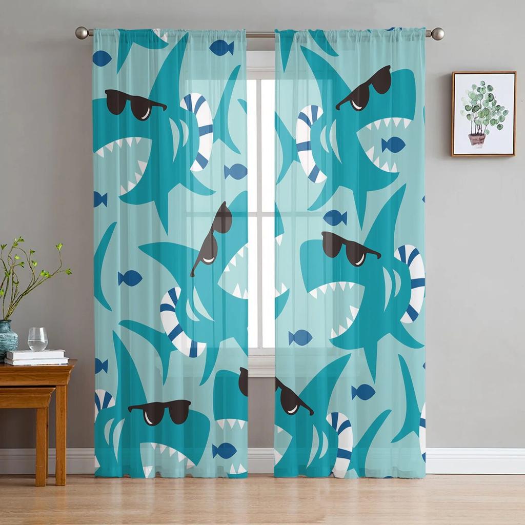 Shark Silhouette Curtain Window Tulle For Living Room Bedroom The Kitchen Window Treatment Decorations Curtains
