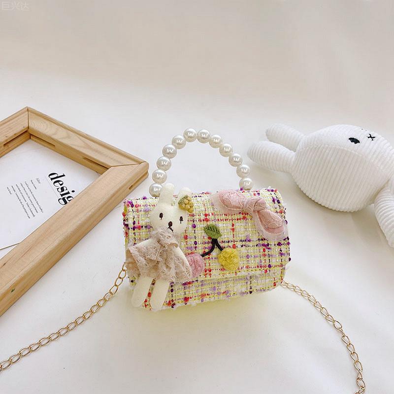 Fashionable Mini Children's Cotton And Linen Bag With Cute Rabbit And Pearl Accessories