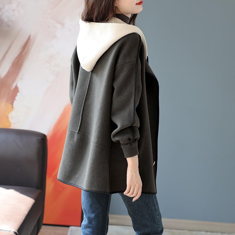 С капюшоном, имитация двух частей, двубортная трикотажная куртка на осень, корейский новый стиль, свободное темпераментное шерстяное пальто для женщин