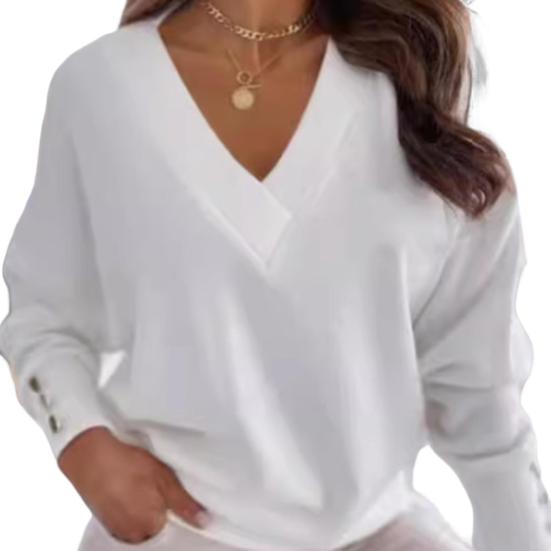 Женские топы с V-образным вырезом, длинным рукавом, манжетами на металлических пуговицах, трикотажные топы, однотонные, в стиле «коммутация», свободный крой, трикотаж