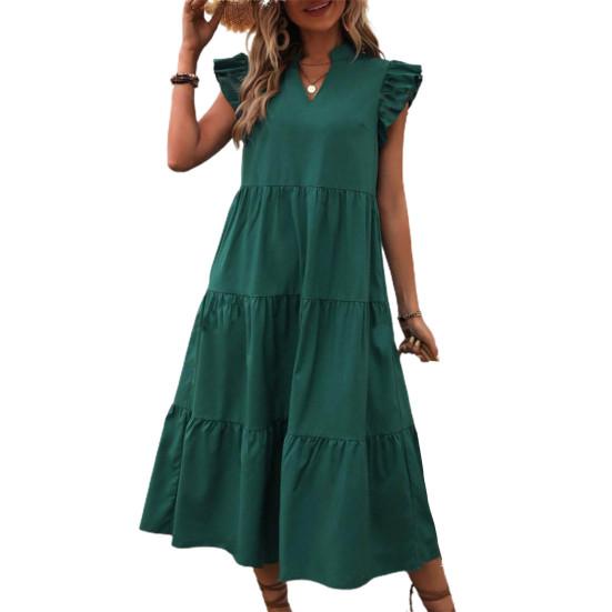 Women Summer Dress V Neck Pure Color A-line Patchwork Big Hem Flying Sleeves Ruffle Pleated Dating Party Vacation Beach Midi Dress