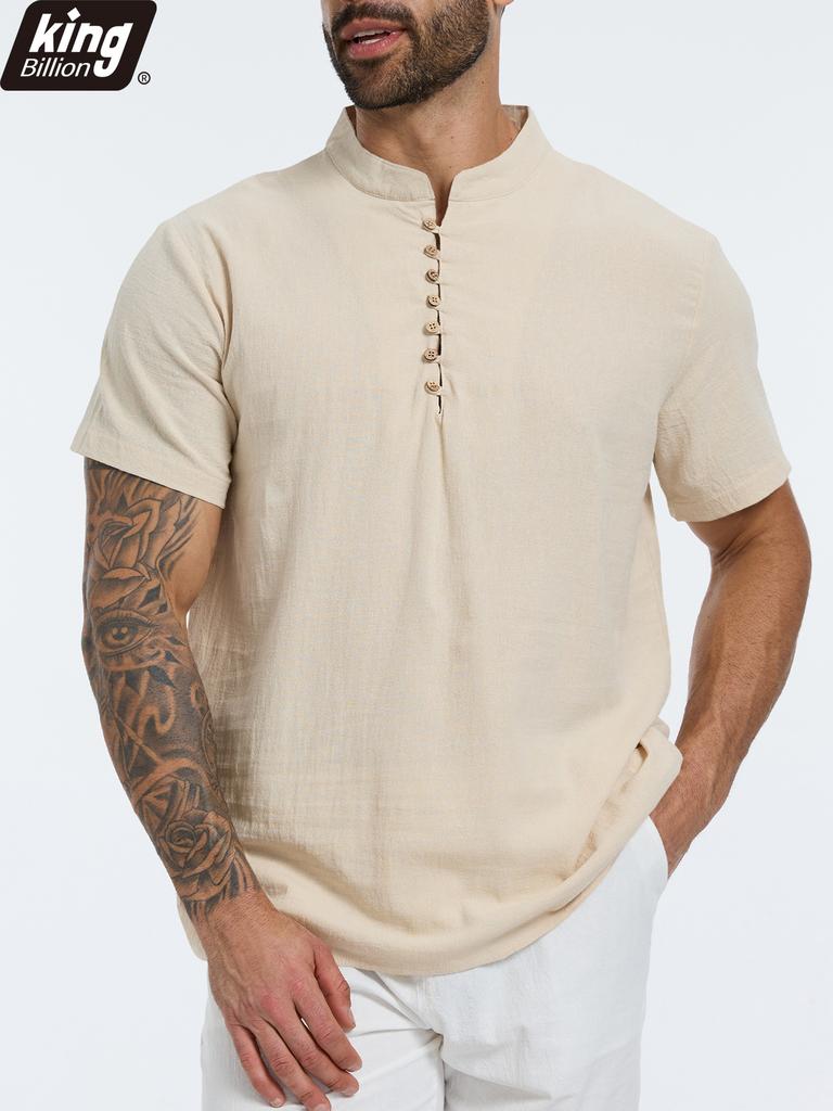 Летняя Новая Мужская Хлопково-Льняная Футболка с Коротким Рукавом Дышащая Легкая Однотонная Мужская Модная Футболка Хенли с Пуговицами