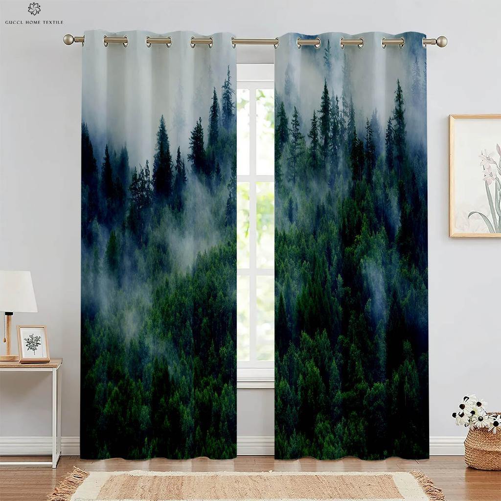 Шторы Misty Forest Green Autumn Woods с 3D-печатью, подходят для спальни, гостиной, кабинета, кухни, 2 шт.
