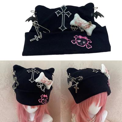 Вязаная шапка с кошачьими ушками для студентов и взрослых, складная зимняя шапка в стиле Y2K, ручная работа, в форме кошачьих ушей, висячие украшения, панк-шляпа