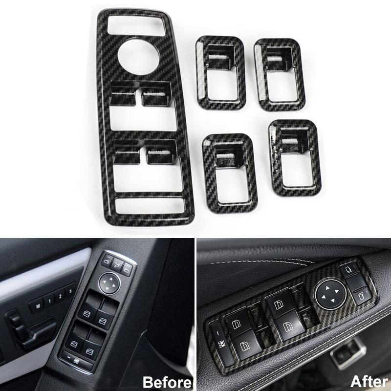 5Pcs/Set Carbon Fiber Look Window Lift Switch Button Frame Sticker Fit for Mercedes-Benz A/B/C/E Class /CLA/GLA/GLE/ML/GLK