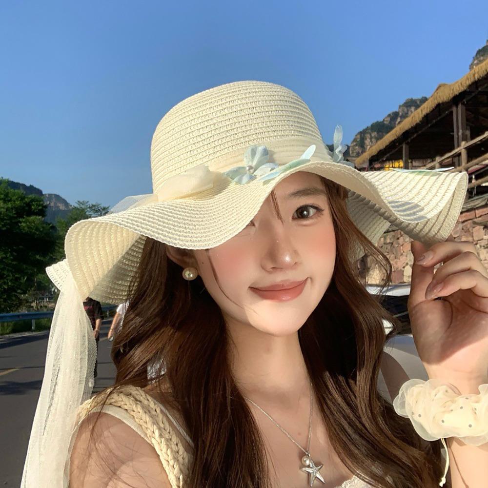 Flower Straw Hat Big Bowknot Wide Brim Hat Lolita Sun Protection Hat Seaside Vacation