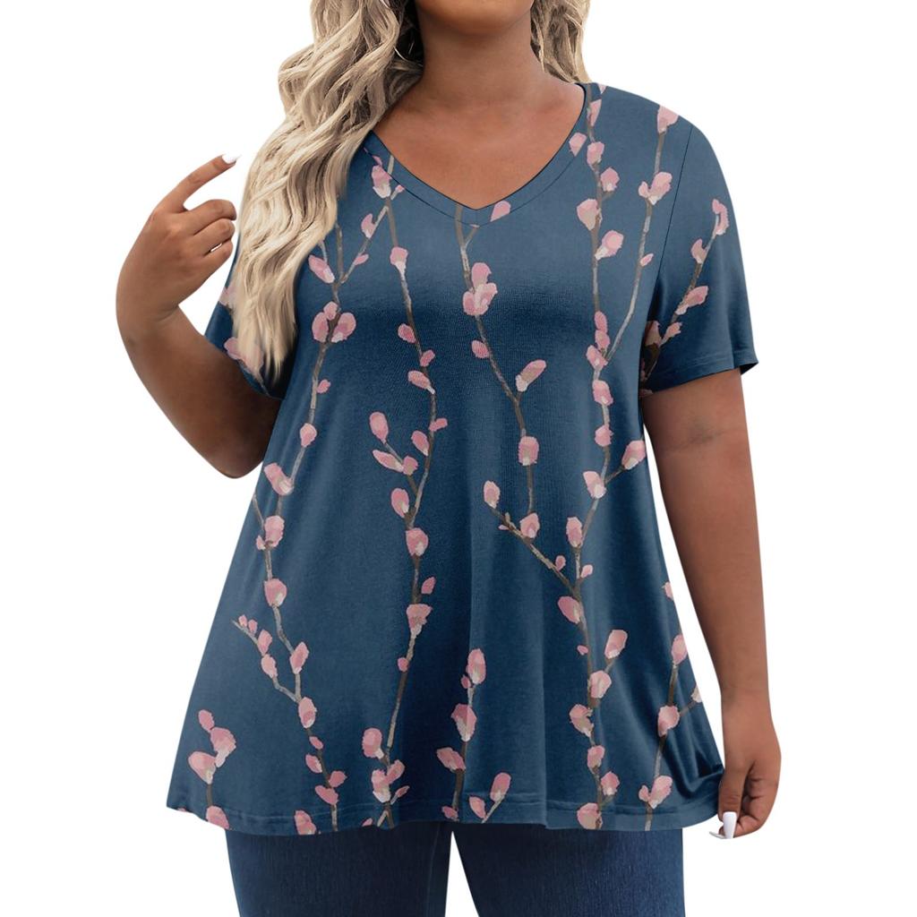 Женские топы больших размеров, шорты с рукавами, рубашки с V-образным вырезом, повседневная одежда, топы с принтом