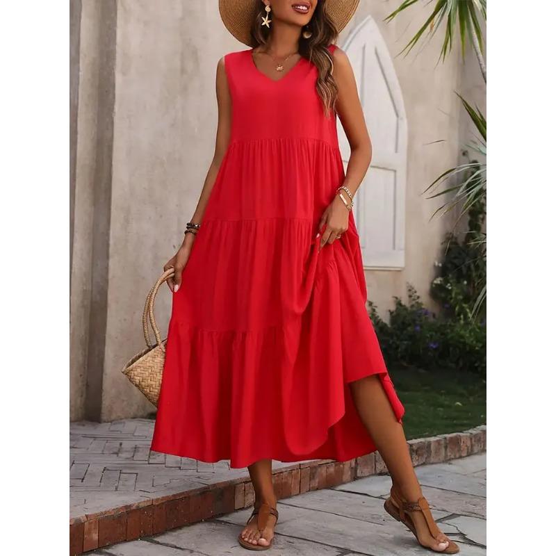 2025 Women Dress Summer Casual Vacation Holiday Beach Long Dresses V-neck Loose Elegant Yellow Black RUFFLES Dress Femme